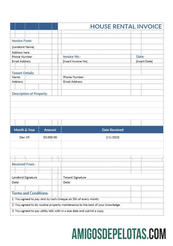 imprimível Modelo de fatura de aluguel de casa